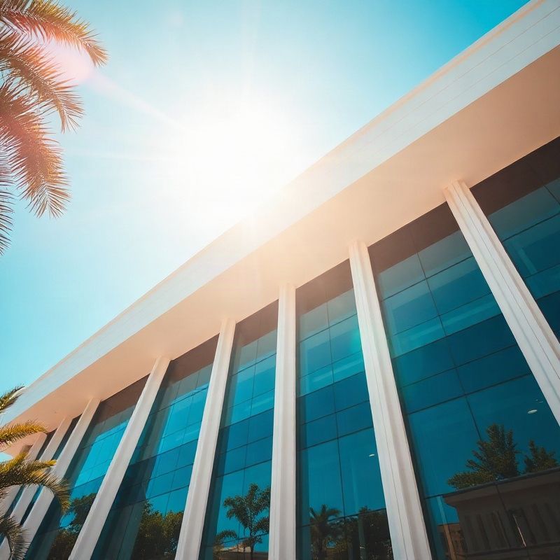 Fachada de edifício comercial contemporâneo em Brasília sob céu azul