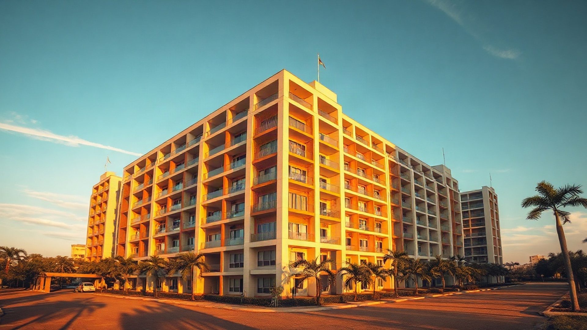 Edifício residencial em superquadra de Brasília ao entardecer